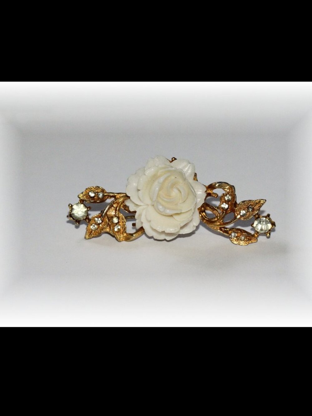 Vintage 1960s Signed BSK Carved White Rose Rhinestone Brooch Pin Gold Plated
